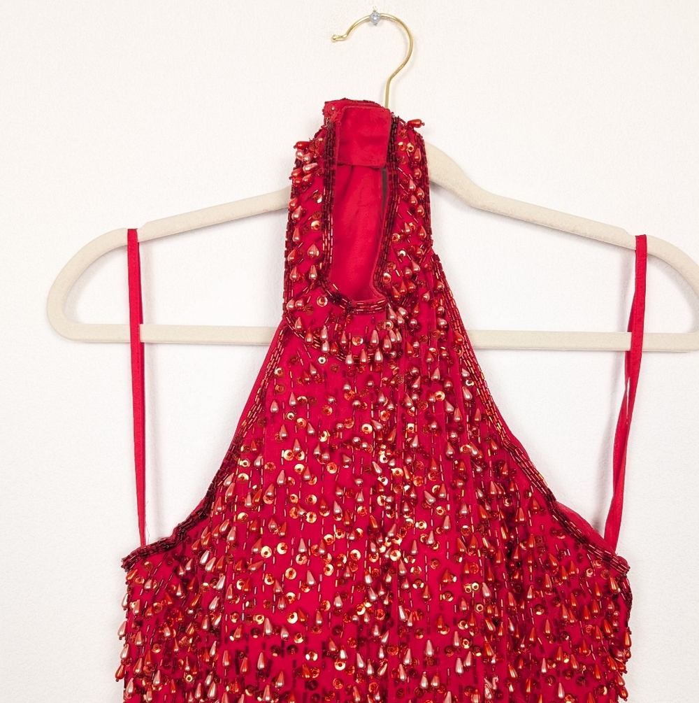 Vintage Alyce Designs Red Beaded Halter Slit Formal Gown Size 10 - Picture 4 of 8
